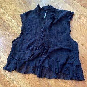 Free People Semi Sheer Textured Cotton Boho Black Vest w/ Raw Edge Ruffle Trim
